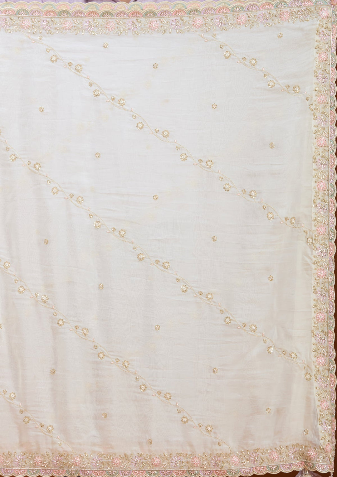 White Cutdana Soft Raw Silk Readymade Lehenga