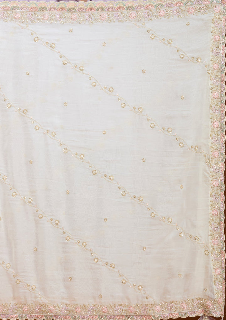 White Cutdana Soft Raw Silk Readymade Lehenga