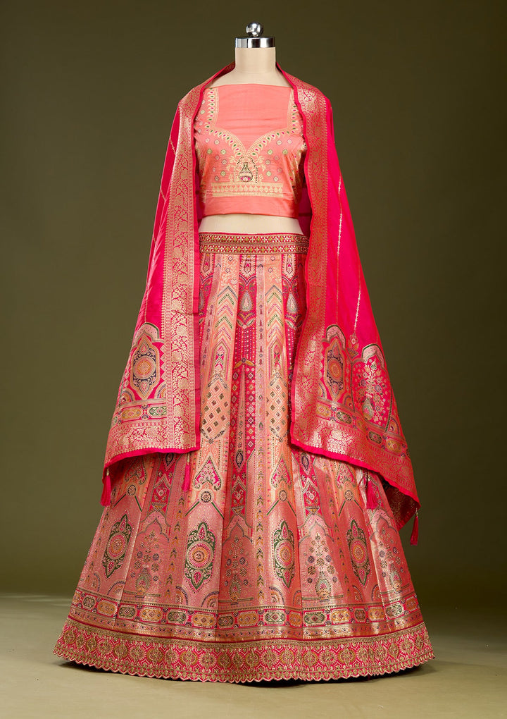 Peach Stonework Banarasi Readymade Lehenga