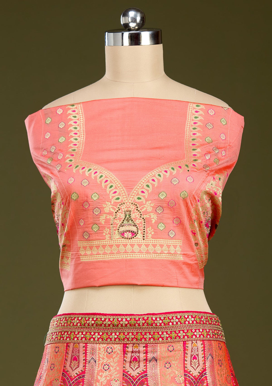 Peach Stonework Banarasi Readymade Lehenga