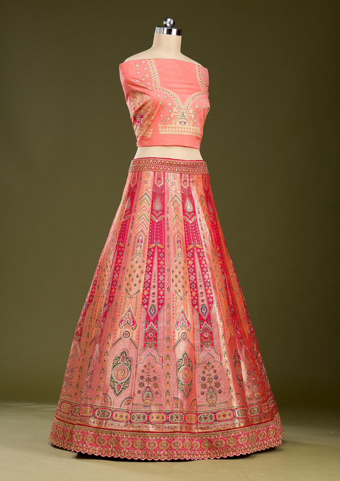 Peach Stonework Banarasi Readymade Lehenga