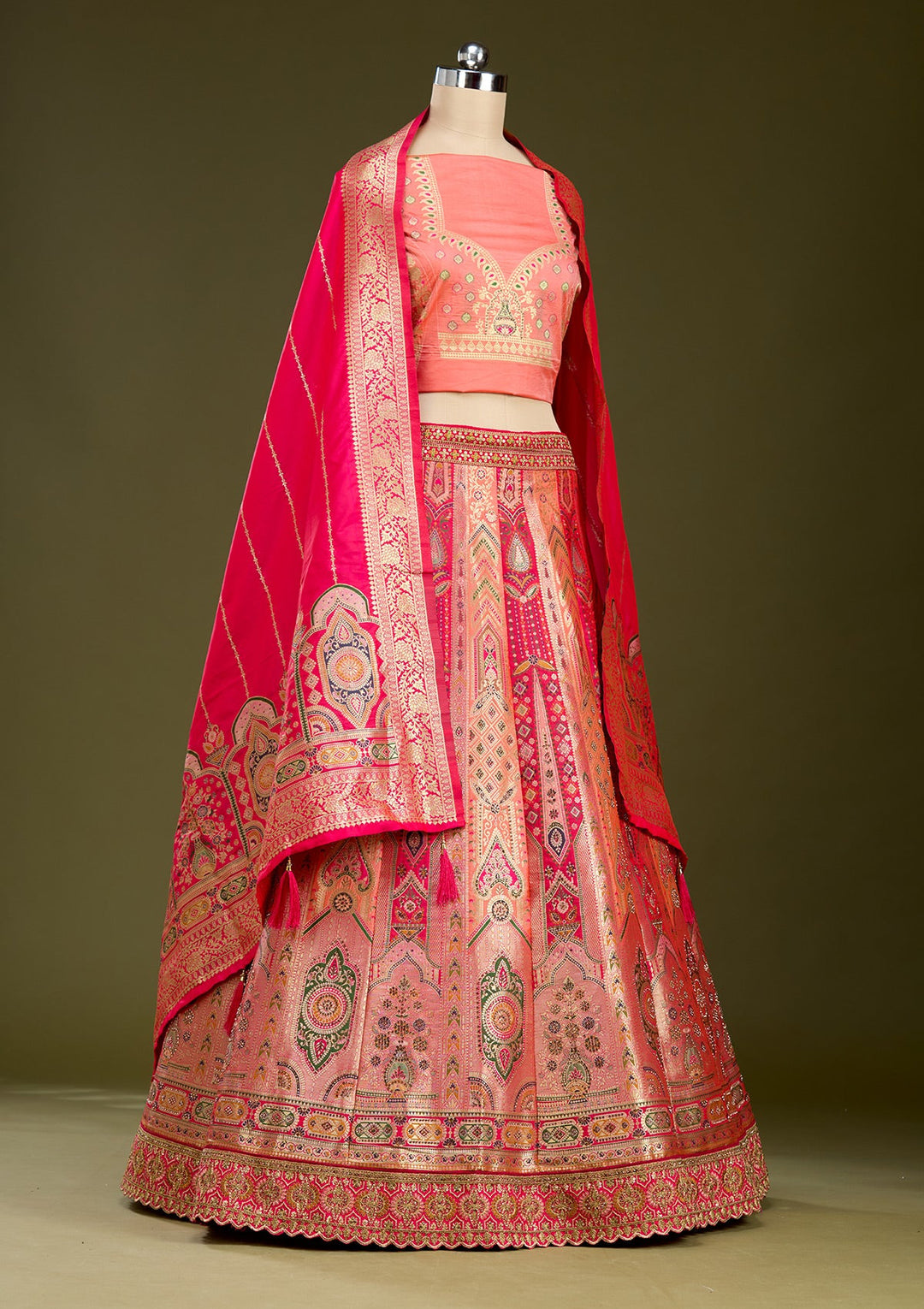 Peach Stonework Banarasi Readymade Lehenga