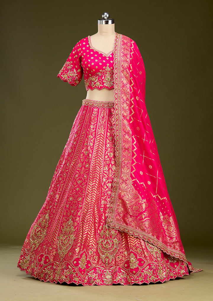 Rani Pink Zariwork (Gold) Banarasi Readymade Lehenga
