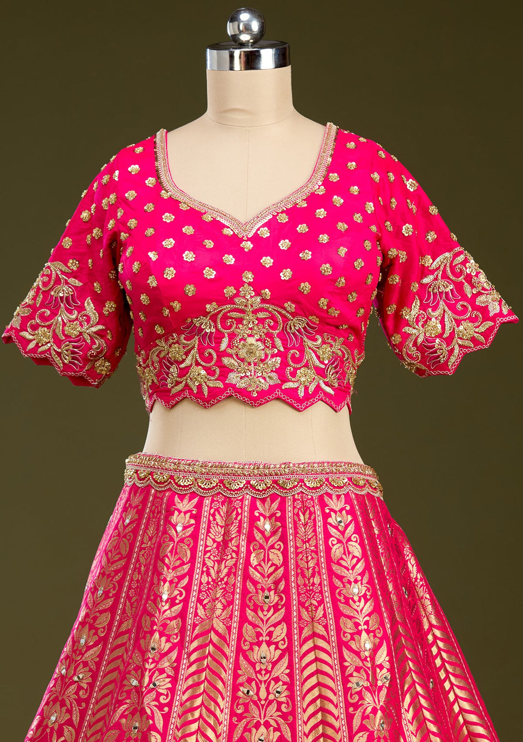 Rani Pink Zariwork (Gold) Banarasi Readymade Lehenga