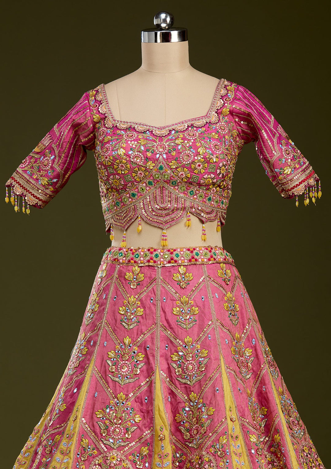 Pink Threadwork Banarasi Readymade Lehenga