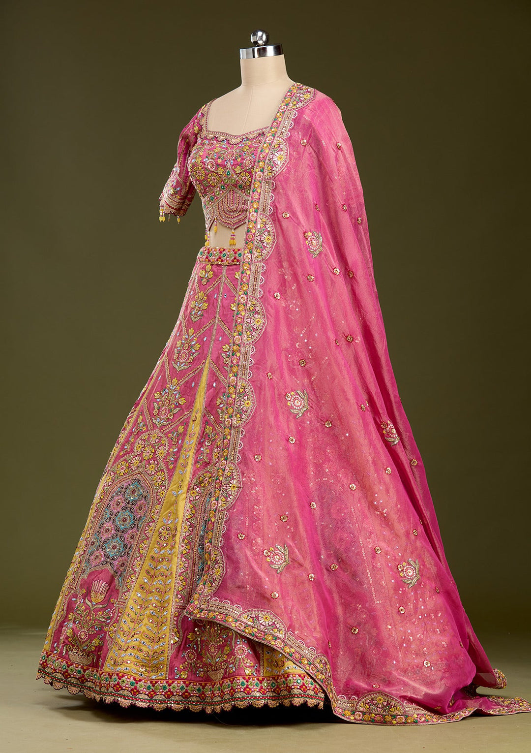 Pink Threadwork Banarasi Readymade Lehenga