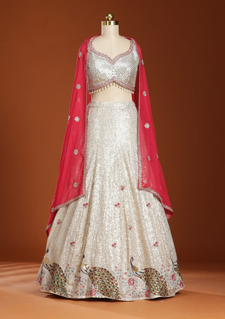 Cream Sequins Georgette Readymade Lehenga