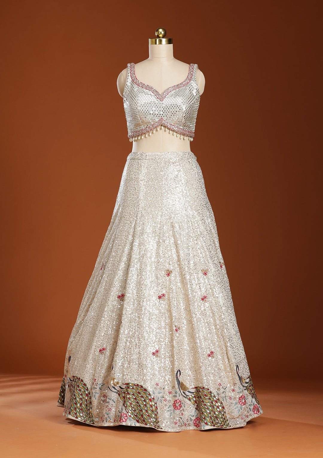 Cream Sequins Georgette Readymade Lehenga