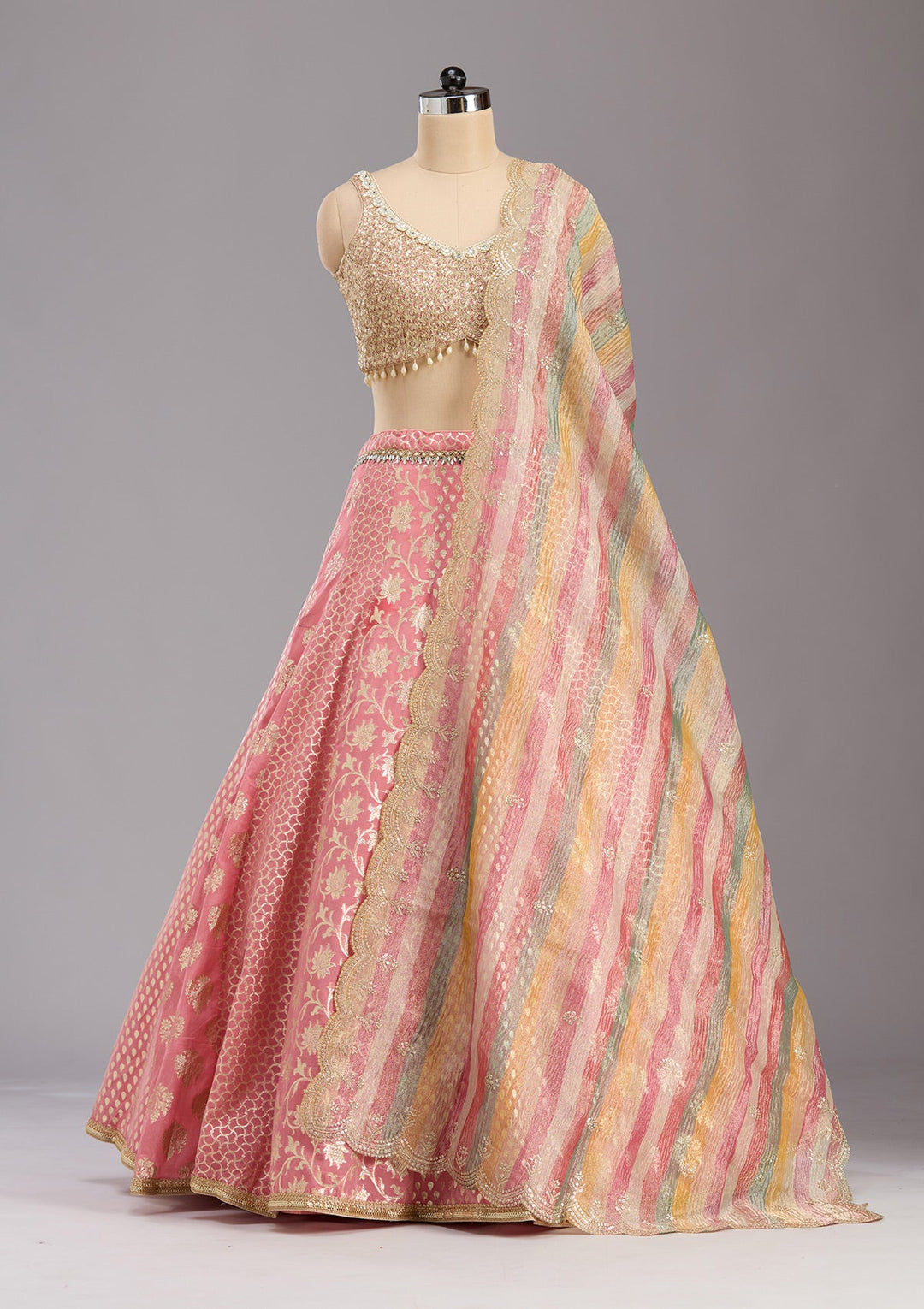 Pink Mirrorwork Banarasi Readymade Lehenga-koskii