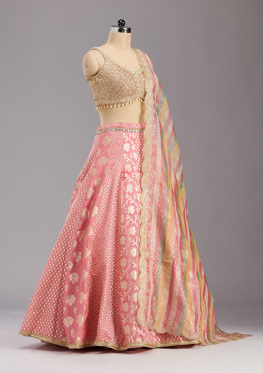 Pink Mirrorwork Banarasi Readymade Lehenga-koskii