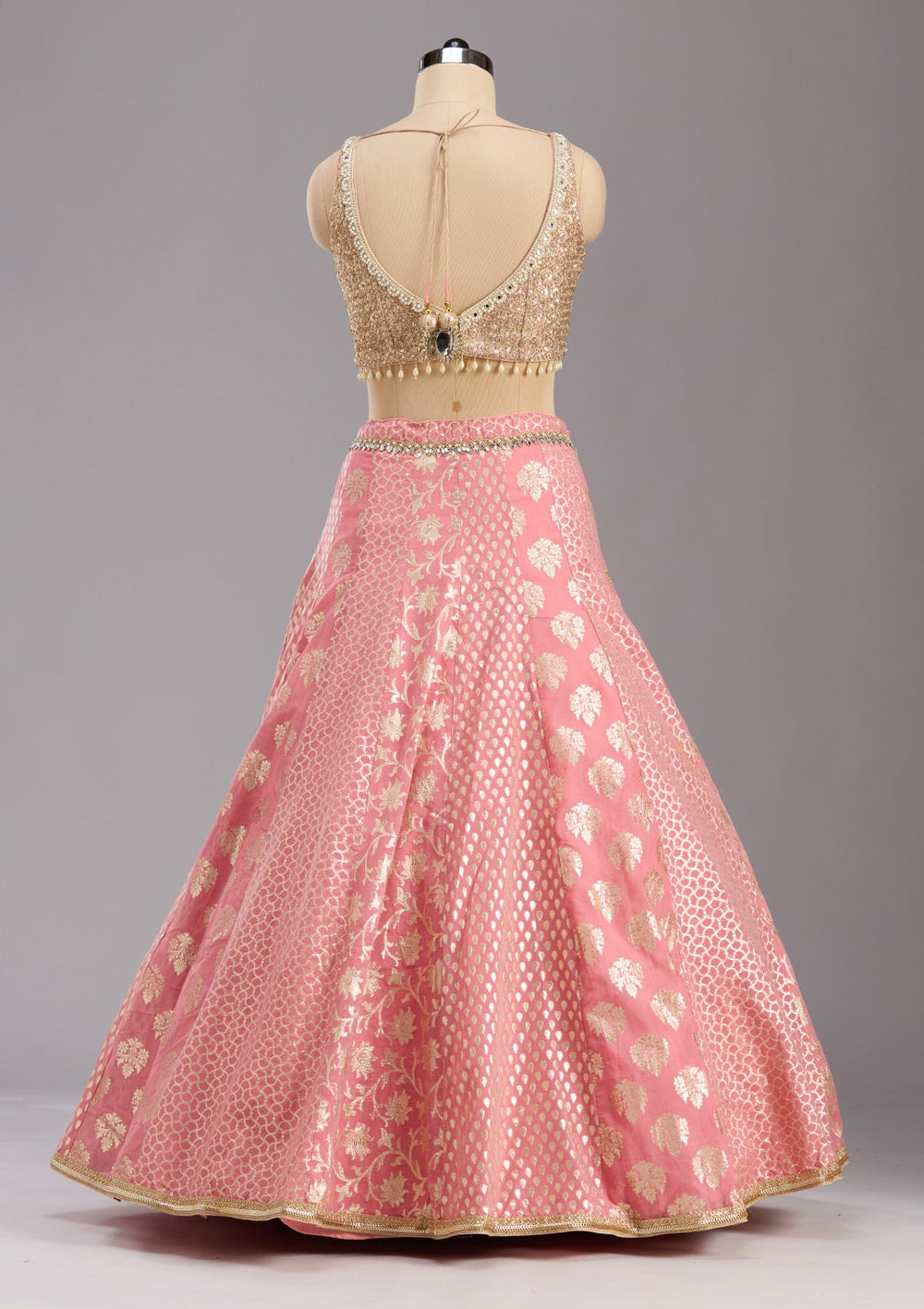 Pink Mirrorwork Banarasi Readymade Lehenga-koskii