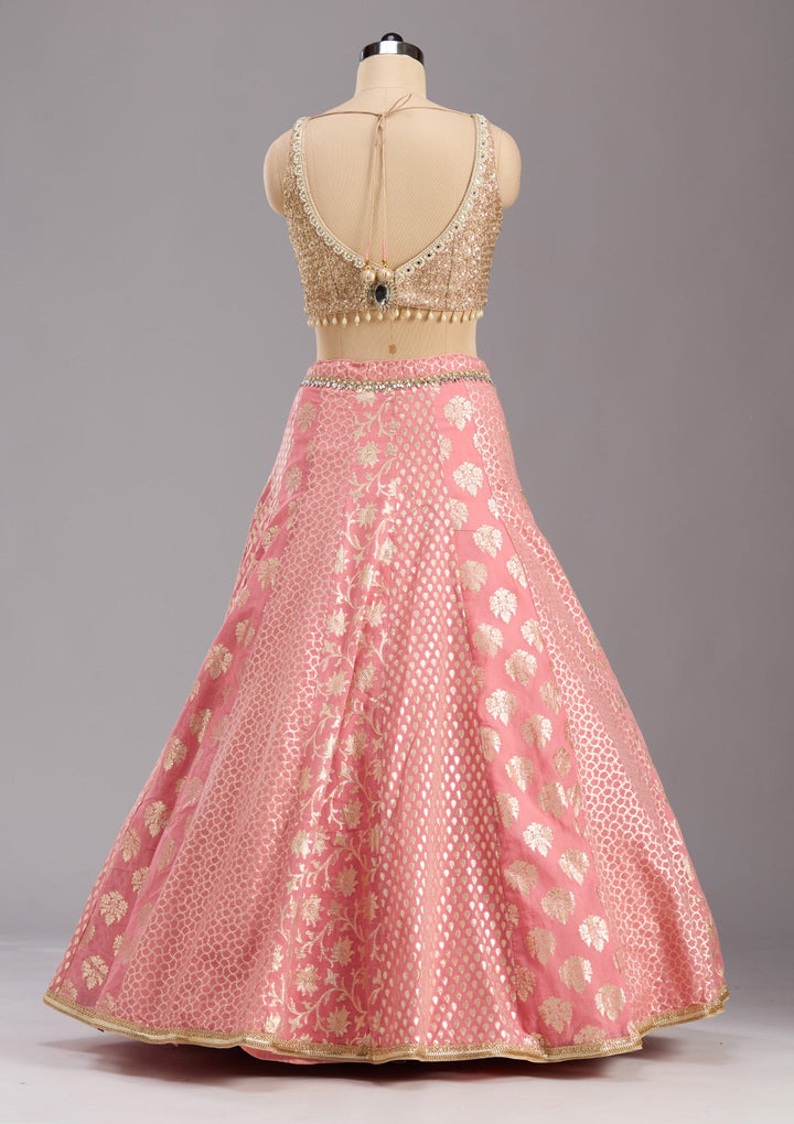 Pink Mirrorwork Banarasi Readymade Lehenga-koskii