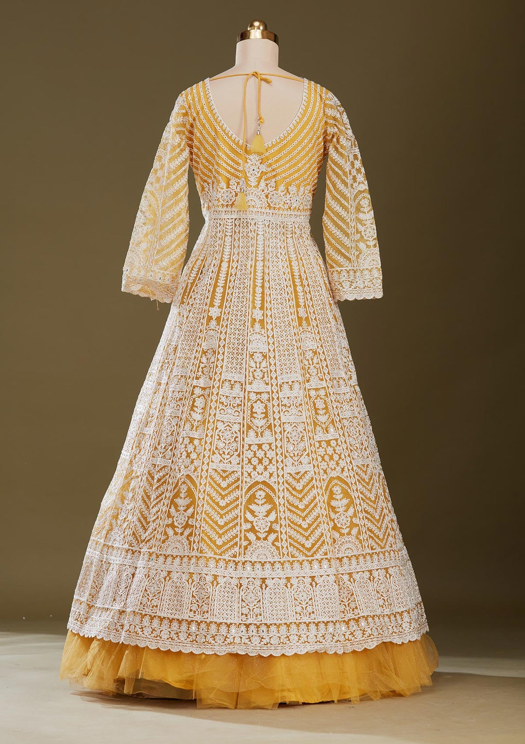 Mustard Yellow Threadwork Net Readymade Lehenga