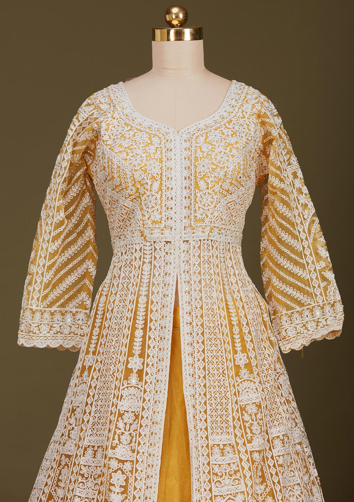 Mustard Yellow Threadwork Net Readymade Lehenga
