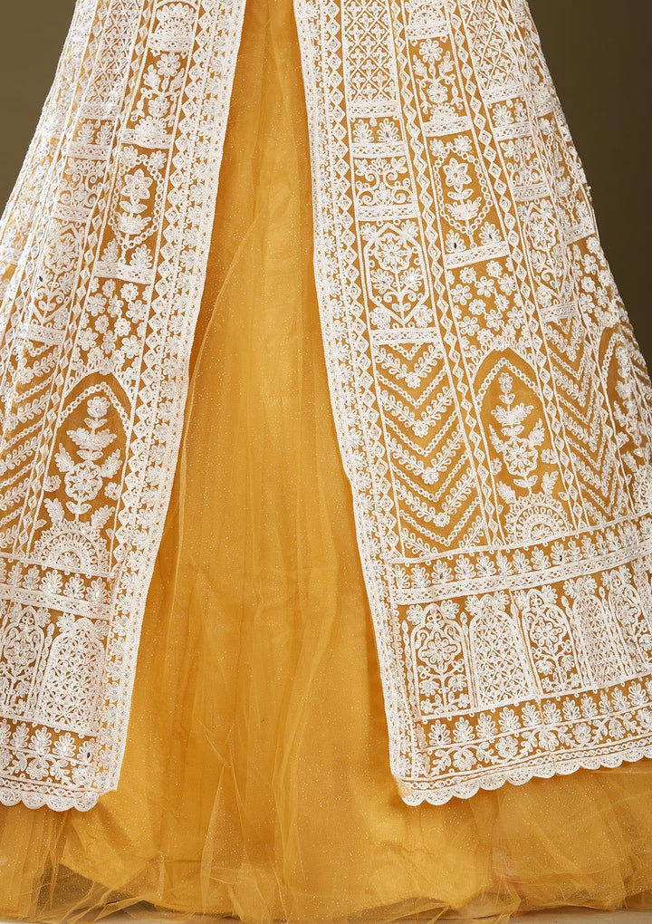 Mustard Yellow Threadwork Net Readymade Lehenga