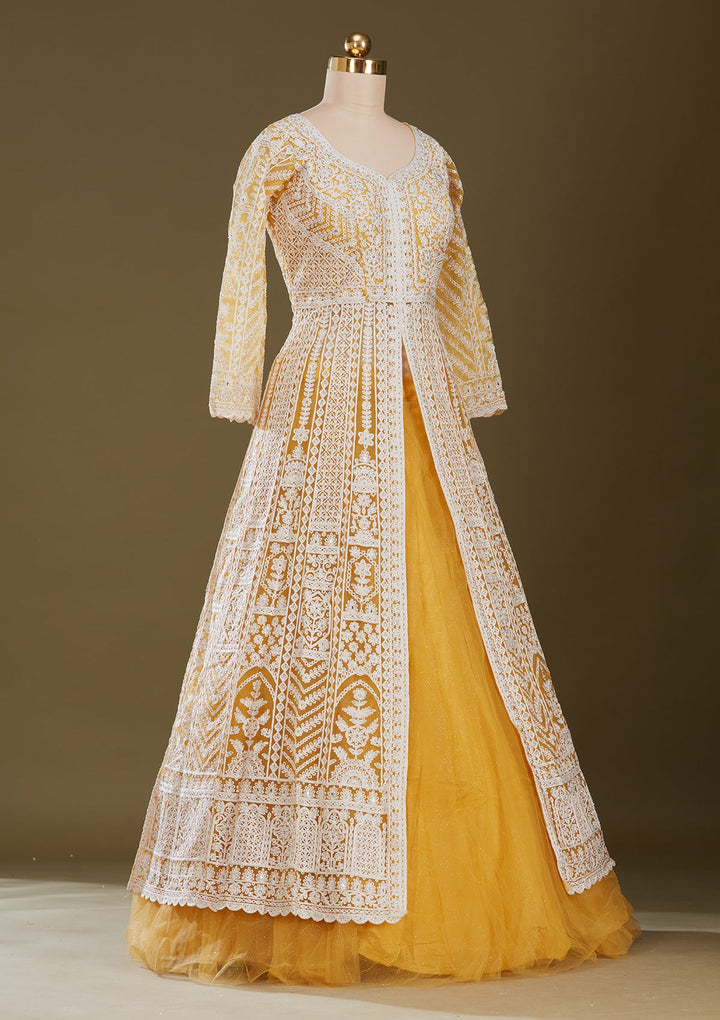 Mustard Yellow Threadwork Net Readymade Lehenga