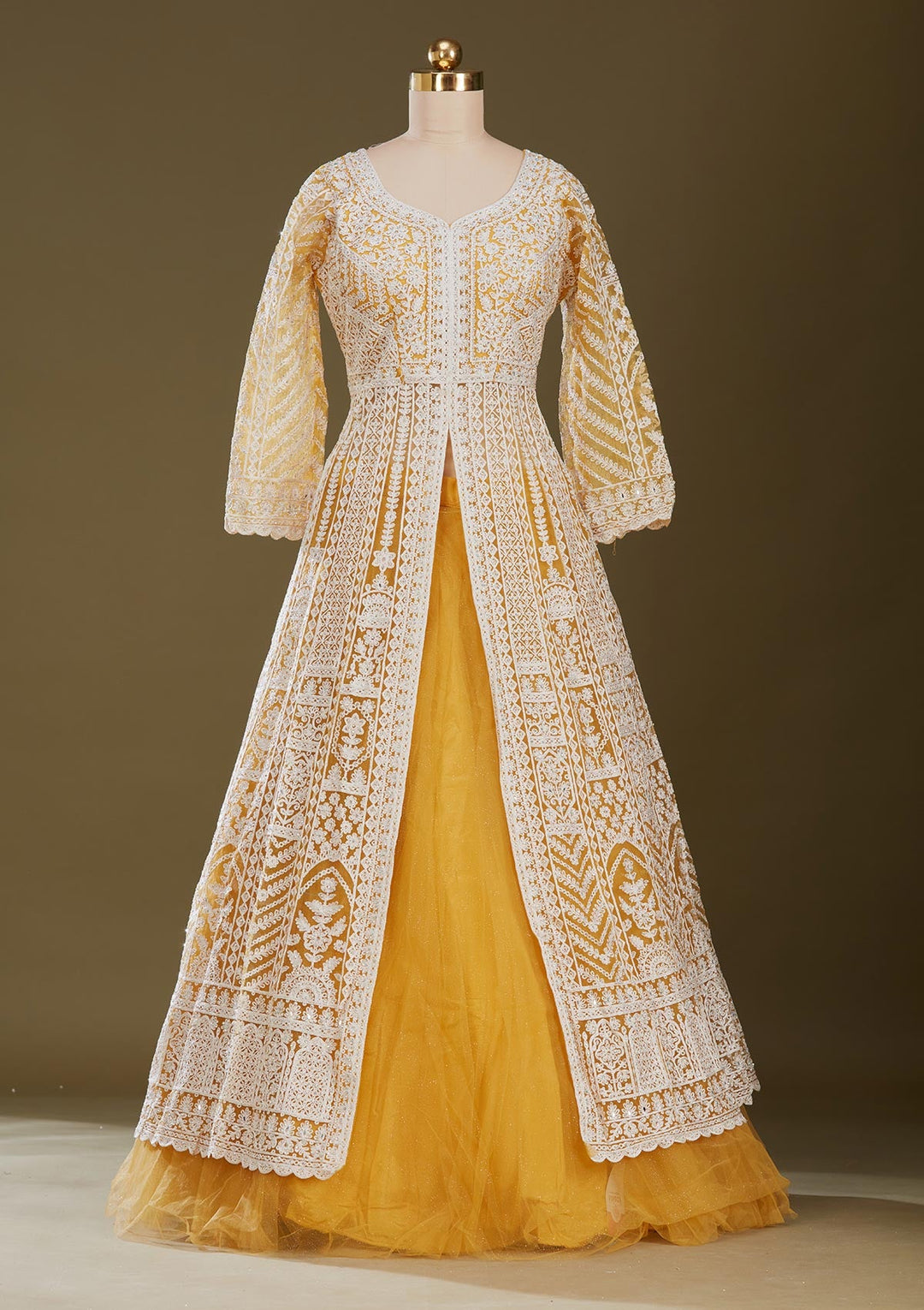 Mustard Yellow Threadwork Net Readymade Lehenga