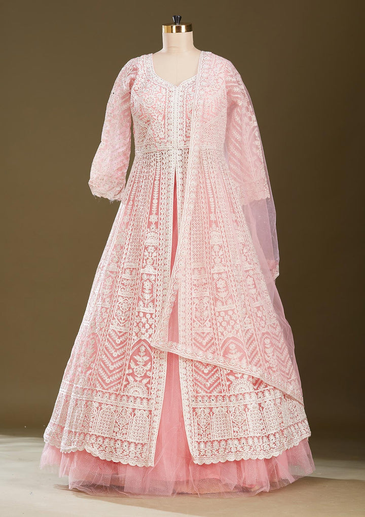 Pink Threadwork Net Readymade Lehenga
