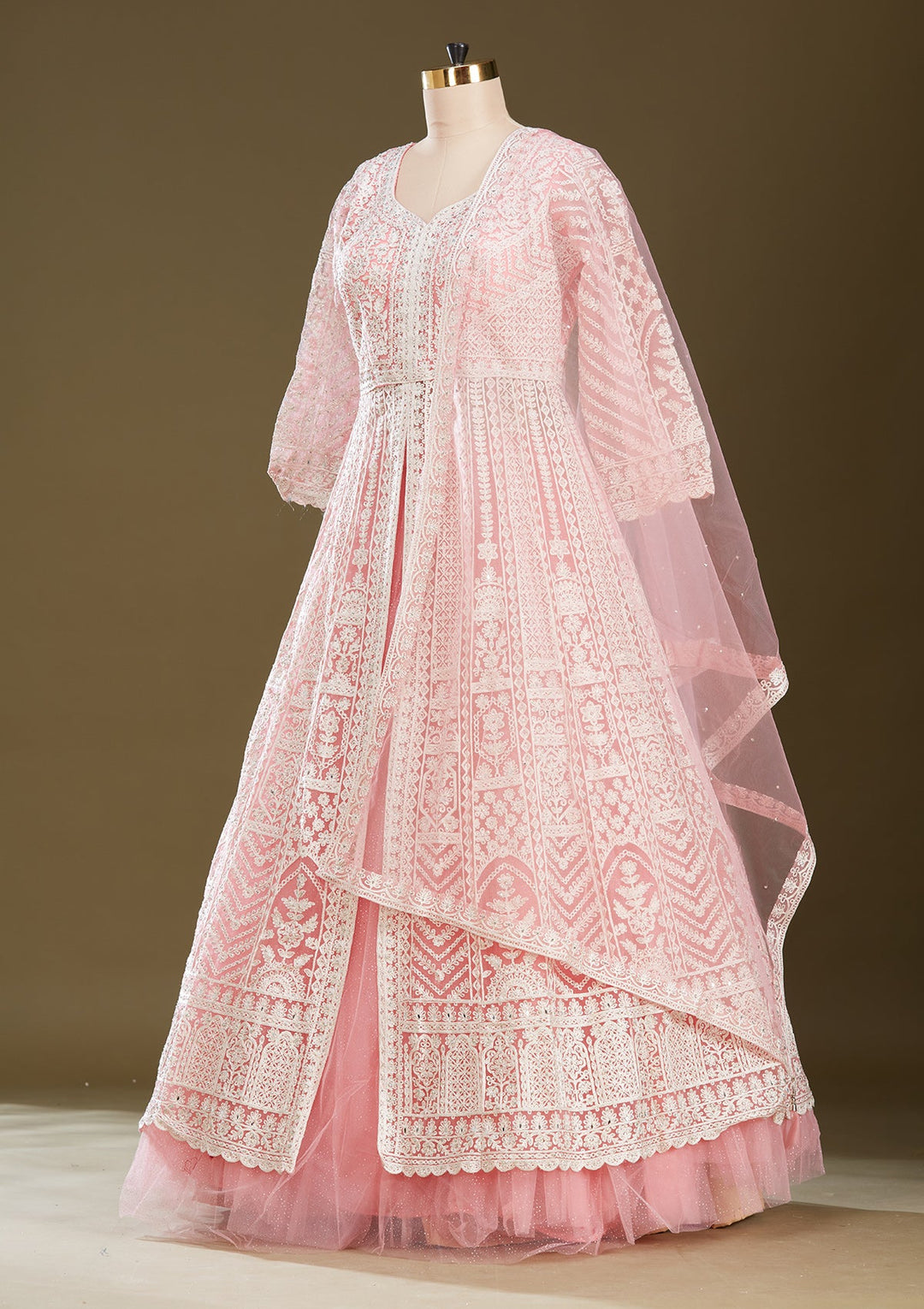 Pink Threadwork Net Readymade Lehenga