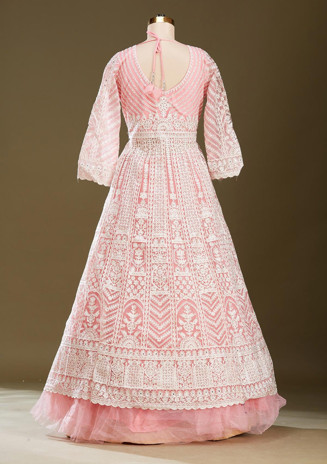 Pink Threadwork Net Readymade Lehenga