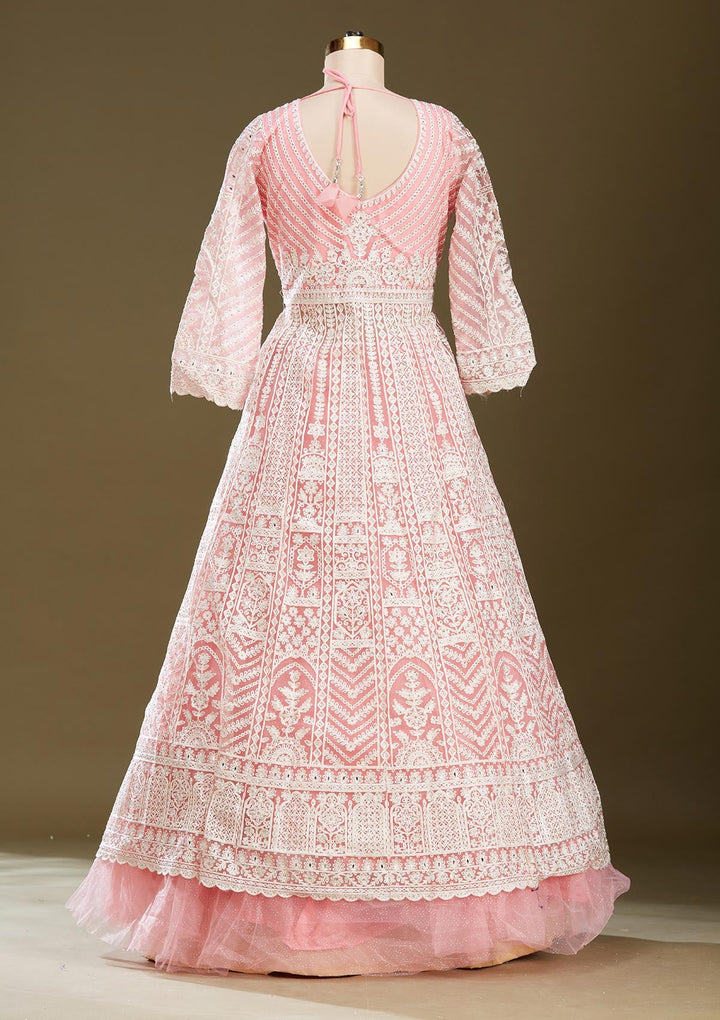 Pink Threadwork Net Readymade Lehenga