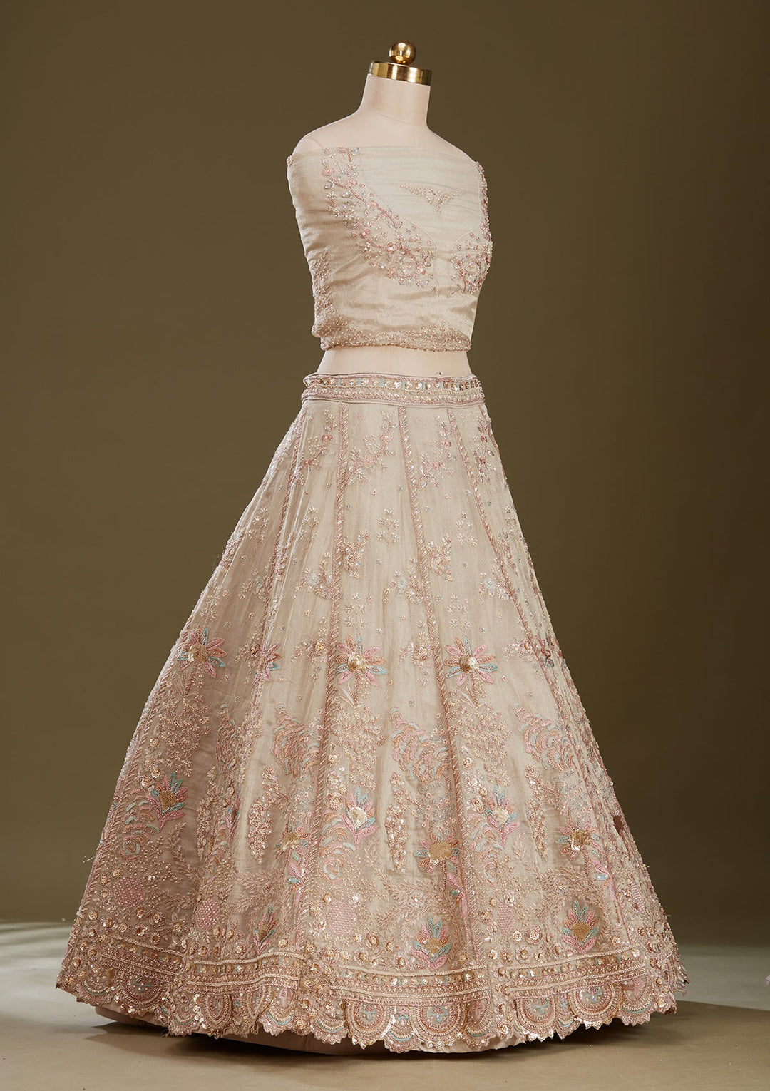 Beige Cording Tissue Readymade Lehenga