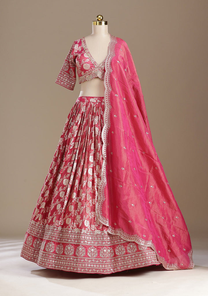 Gajari Pink Cording Banarasi Readymade Lehenga-koskii