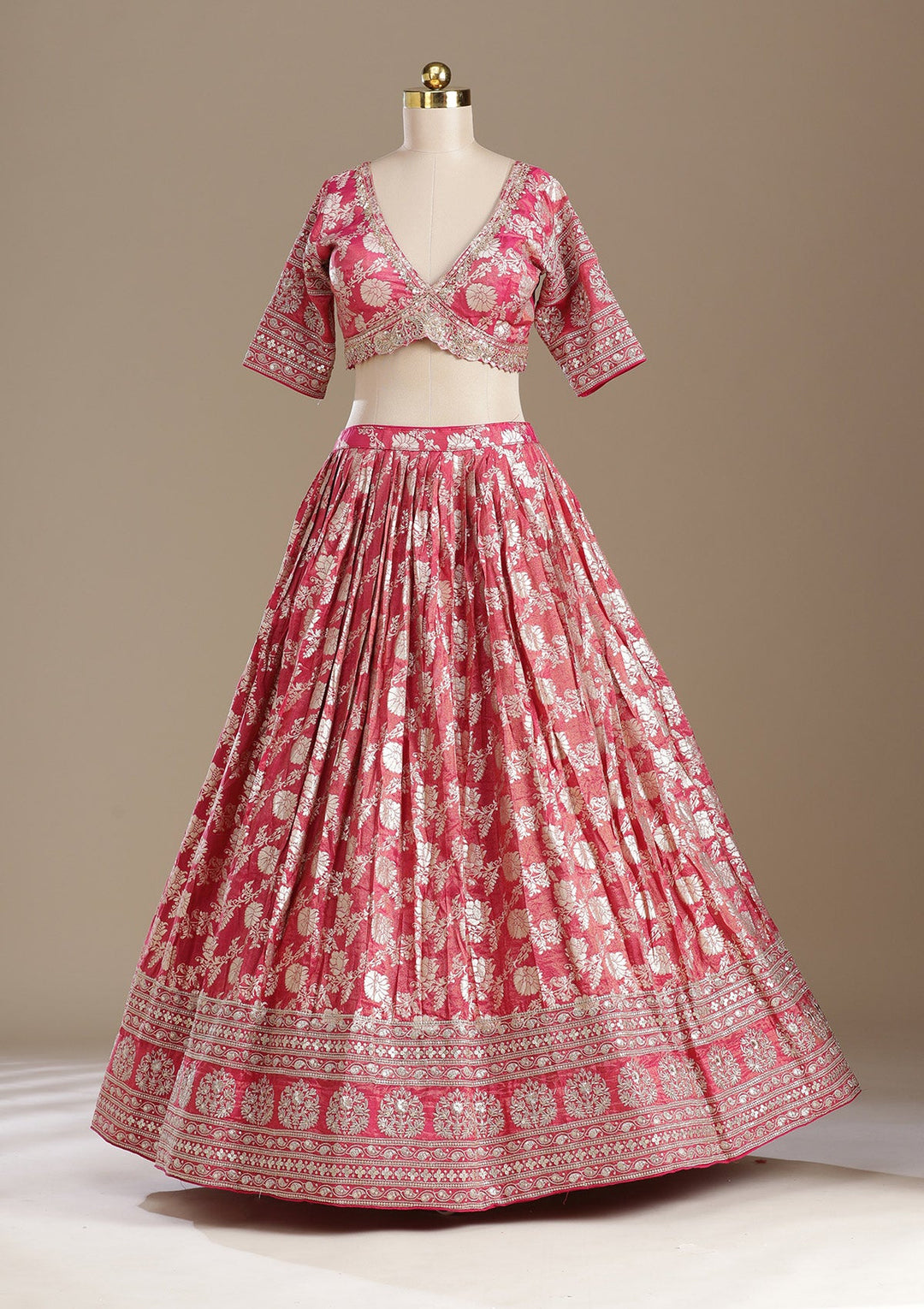 Gajari Pink Cording Banarasi Readymade Lehenga-koskii