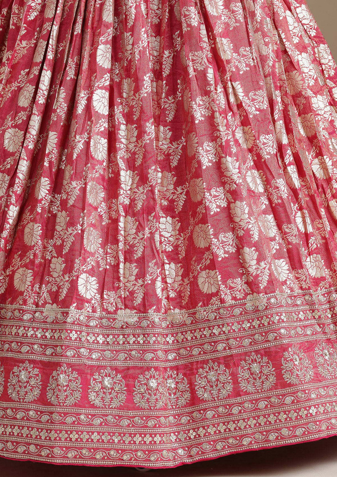 Gajari Pink Cording Banarasi Readymade Lehenga-koskii