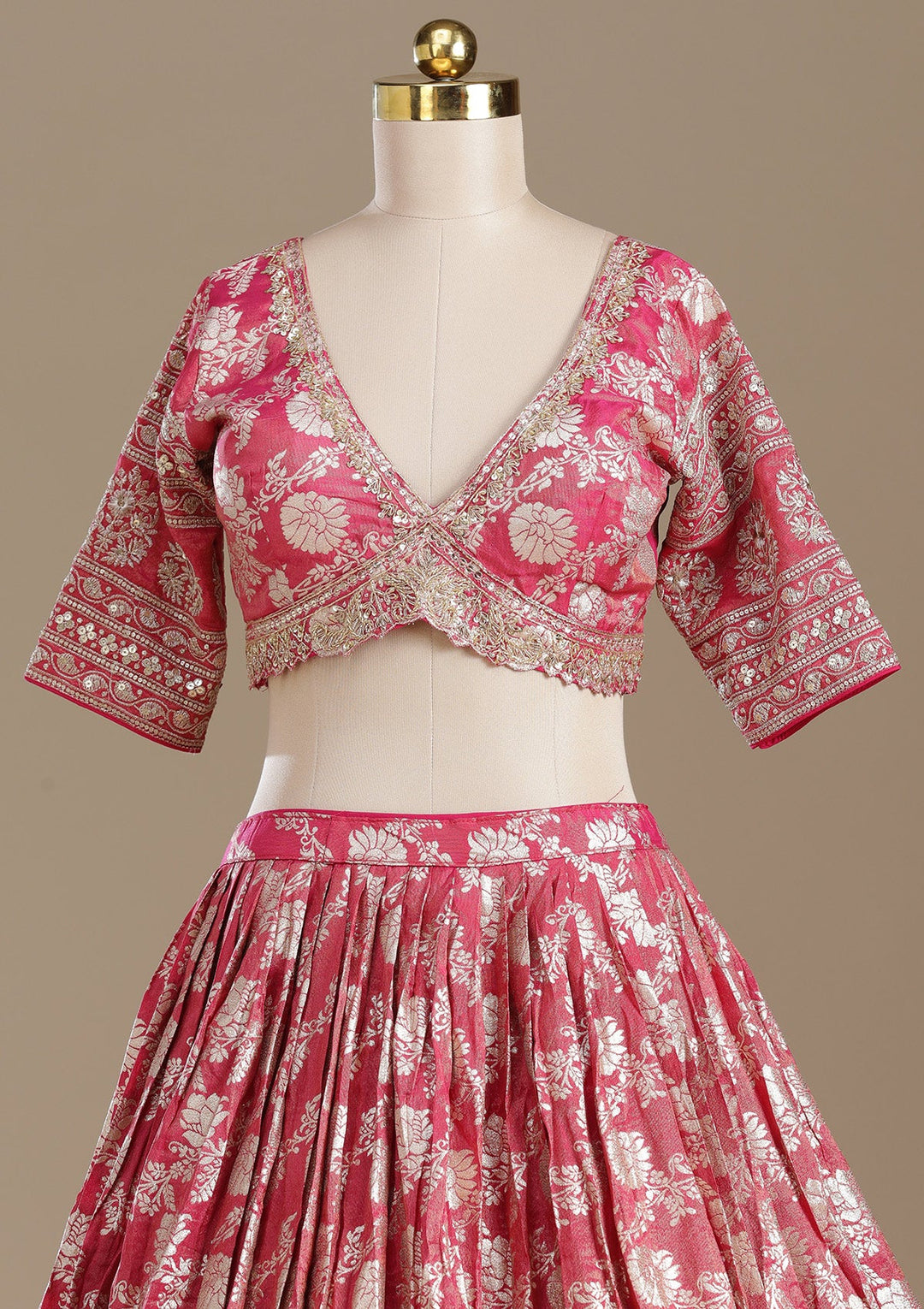 Gajari Pink Cording Banarasi Readymade Lehenga-koskii