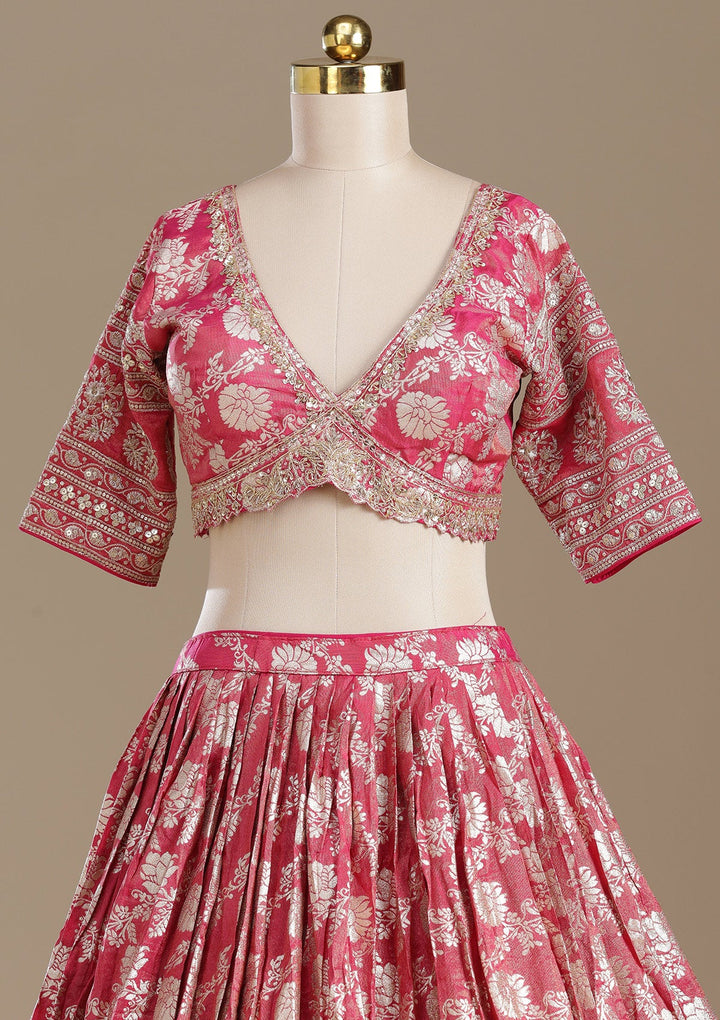 Gajari Pink Cording Banarasi Readymade Lehenga-koskii