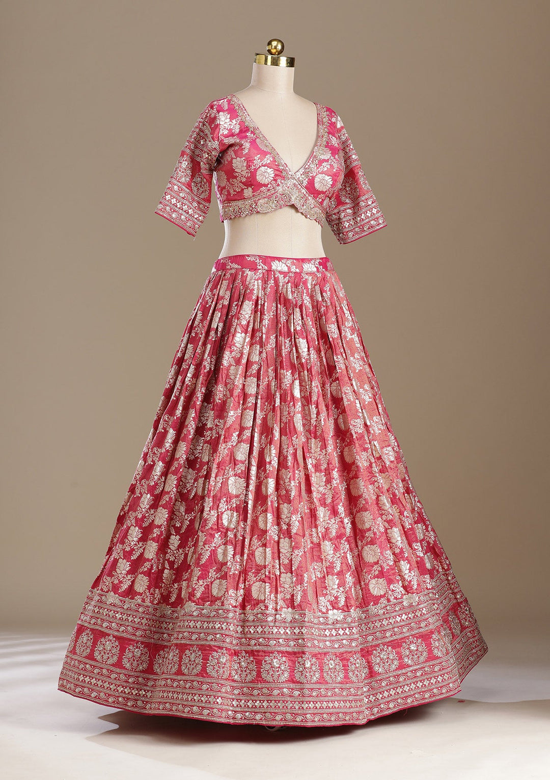 Gajari Pink Cording Banarasi Readymade Lehenga-koskii