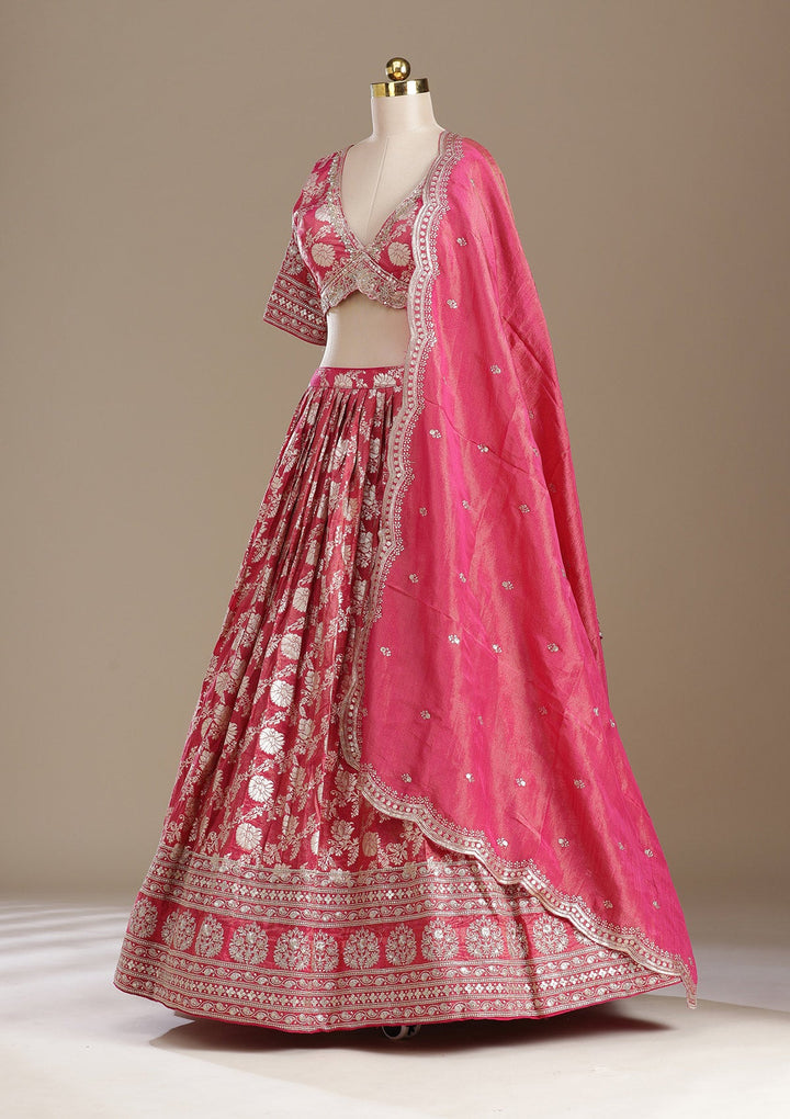 Gajari Pink Cording Banarasi Readymade Lehenga-koskii