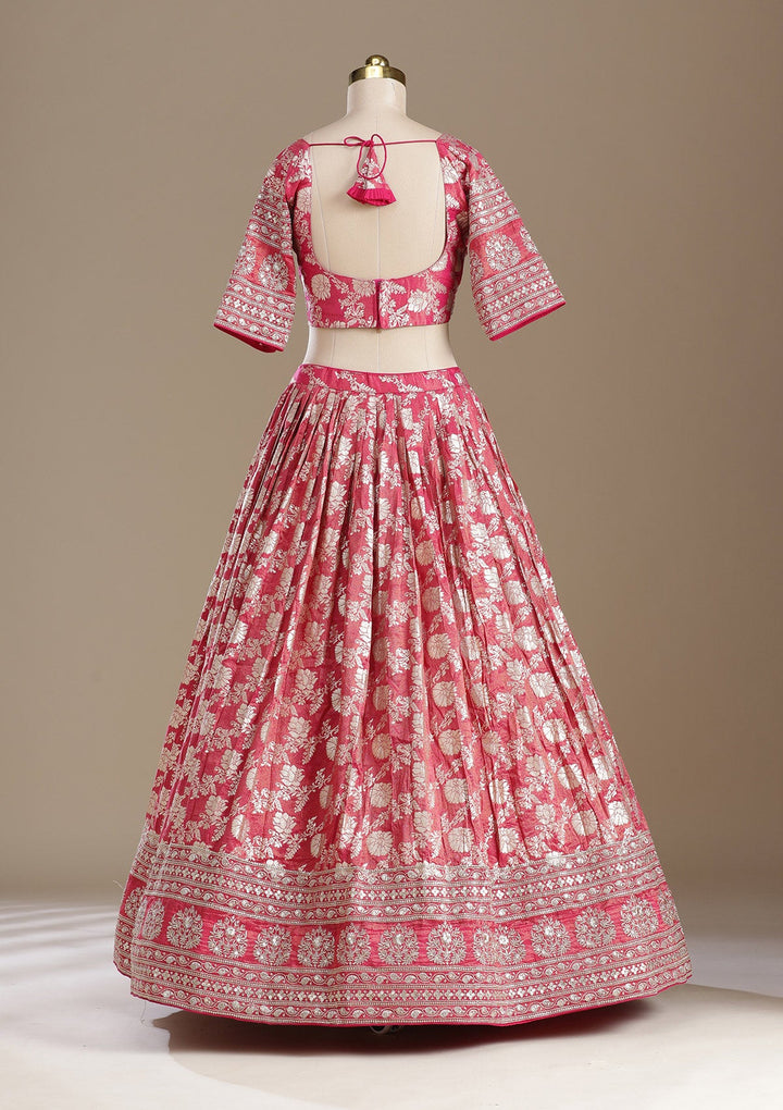 Gajari Pink Cording Banarasi Readymade Lehenga-koskii