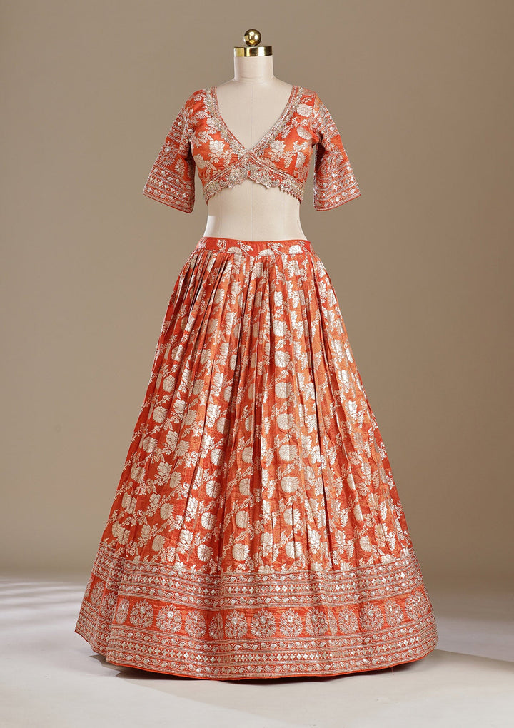 Light Orange Cording Banarasi Readymade Lehenga-koskii