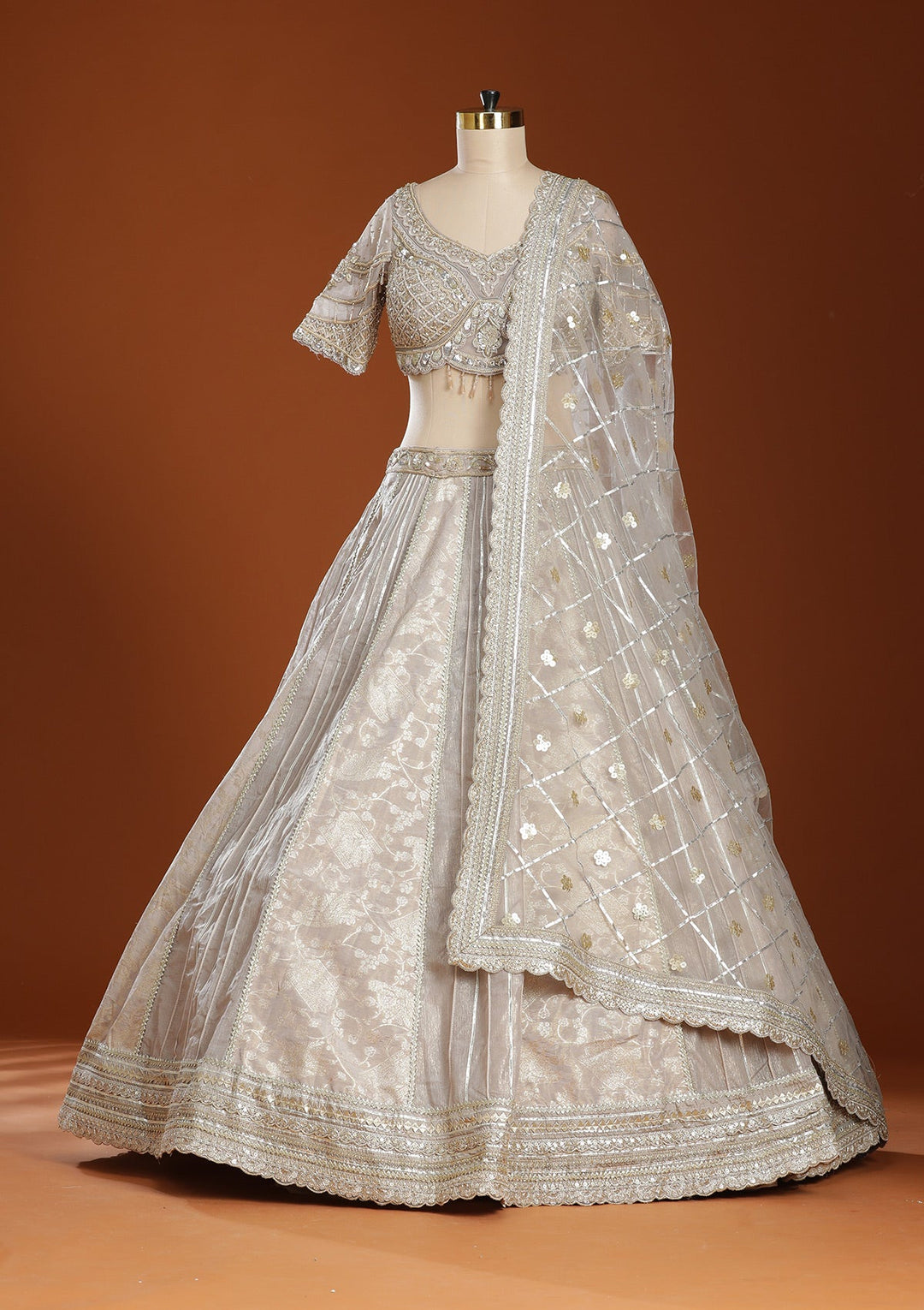 Grey Mirrorwork Organza Readymade Lehenga-koskii