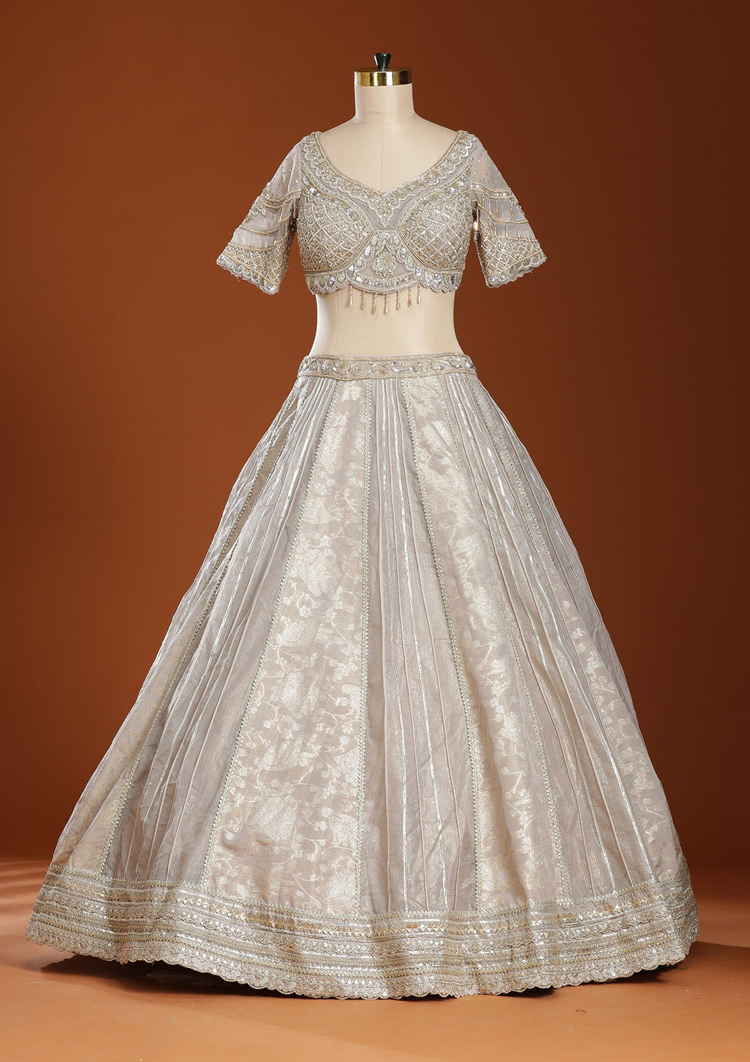 Grey Mirrorwork Organza Readymade Lehenga-koskii