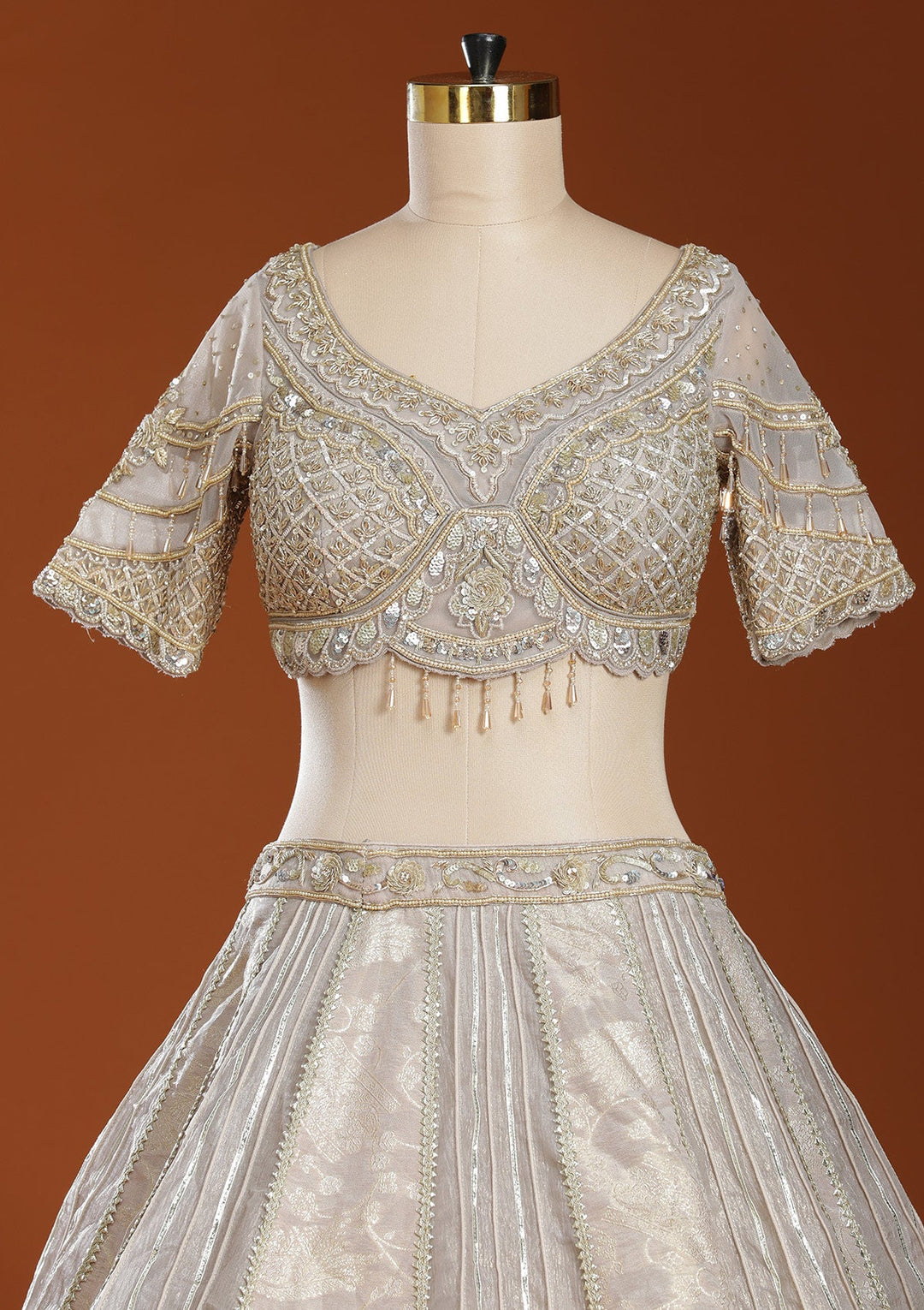 Grey Mirrorwork Organza Readymade Lehenga-koskii