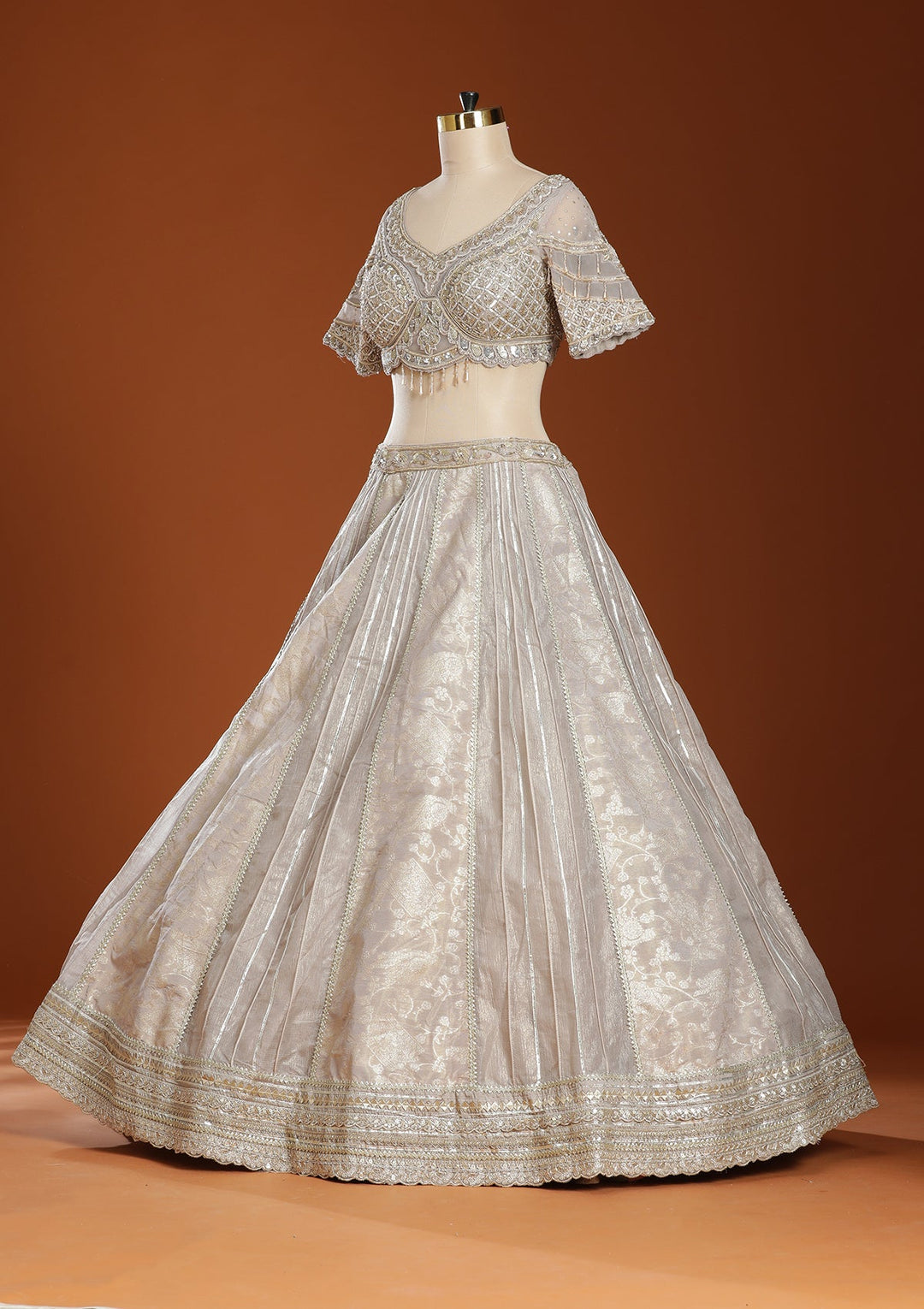 Grey Mirrorwork Organza Readymade Lehenga-koskii