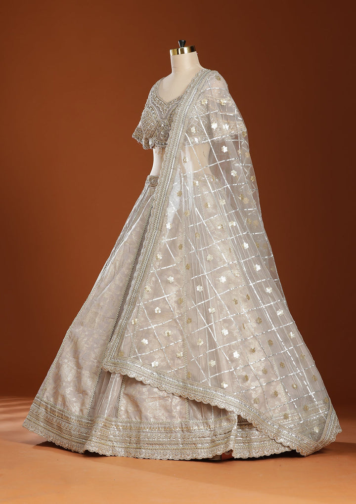 Grey Mirrorwork Organza Readymade Lehenga-koskii