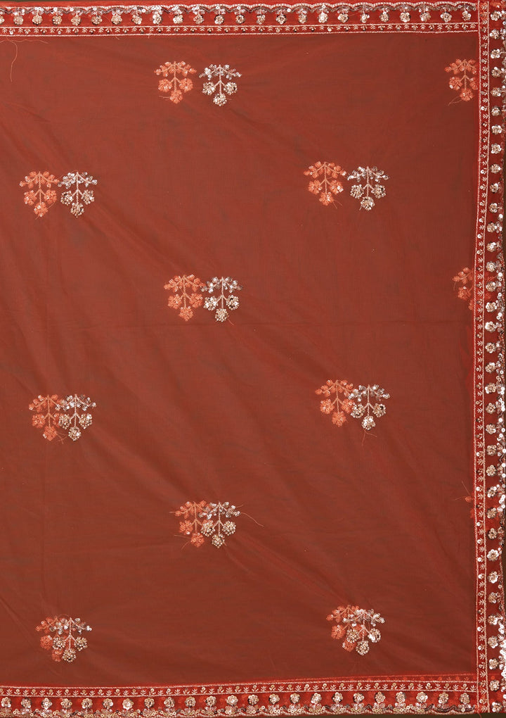 Rust Cutdana Net Readymade Lehenga