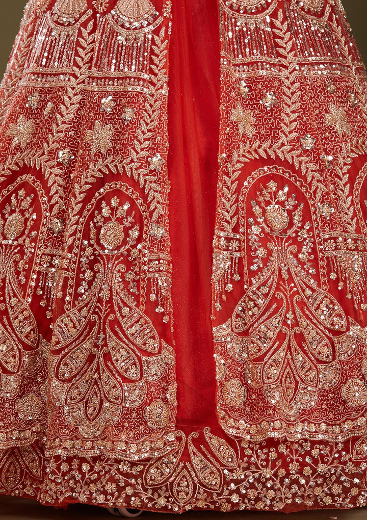 Rust Cutdana Net Readymade Lehenga