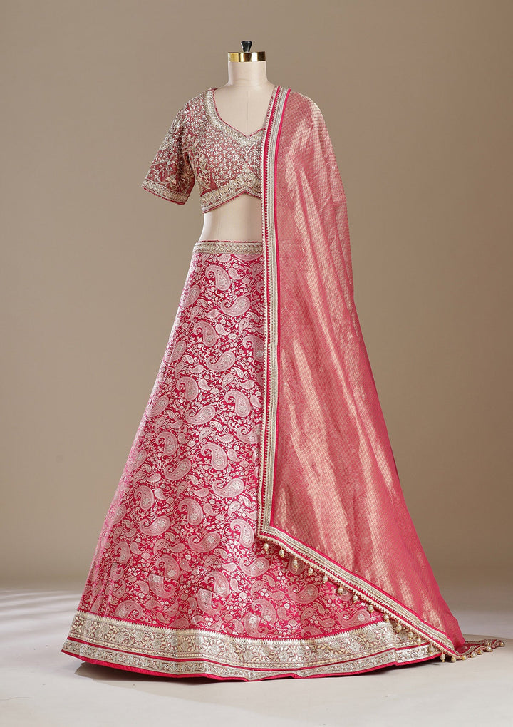 Rani Pink Zariwork (Gold) Banarasi Readymade Lehenga-koskii
