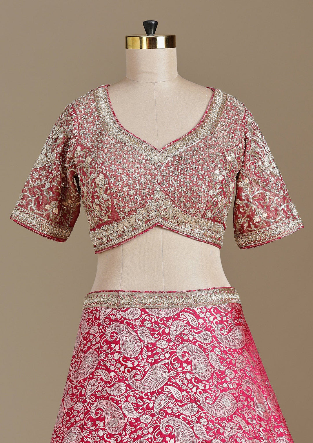 Rani Pink Zariwork (Gold) Banarasi Readymade Lehenga-koskii