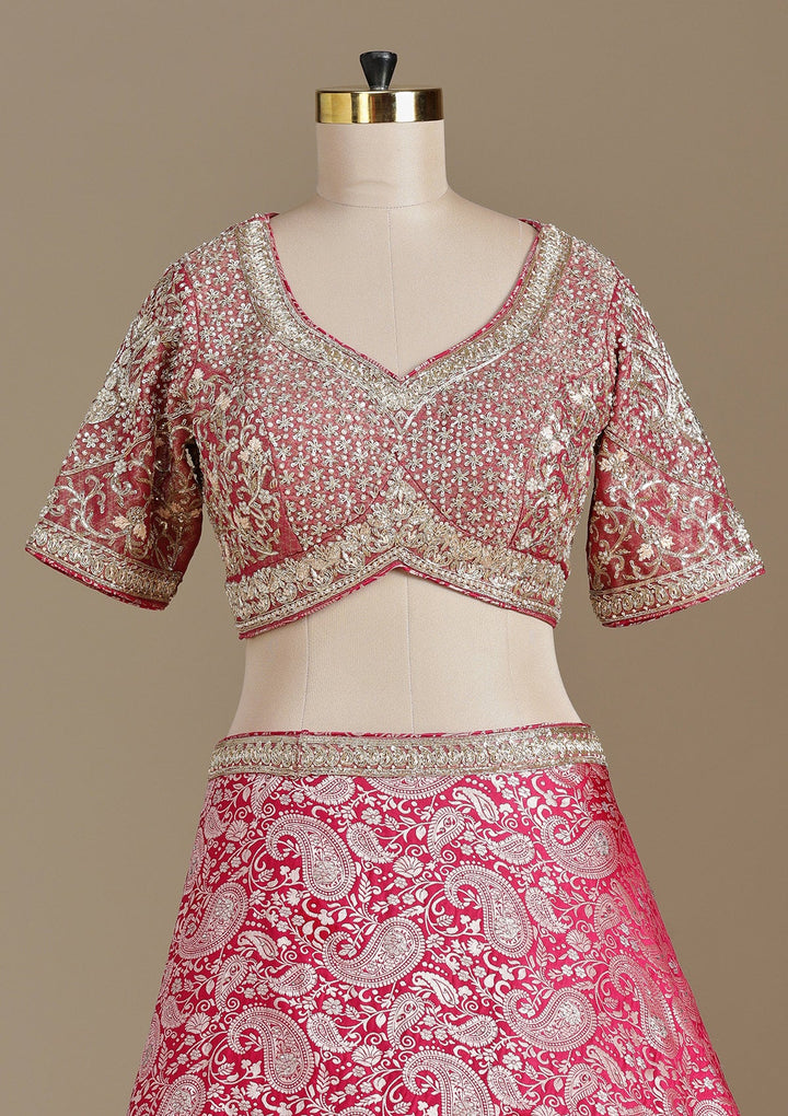 Rani Pink Zariwork (Gold) Banarasi Readymade Lehenga-koskii