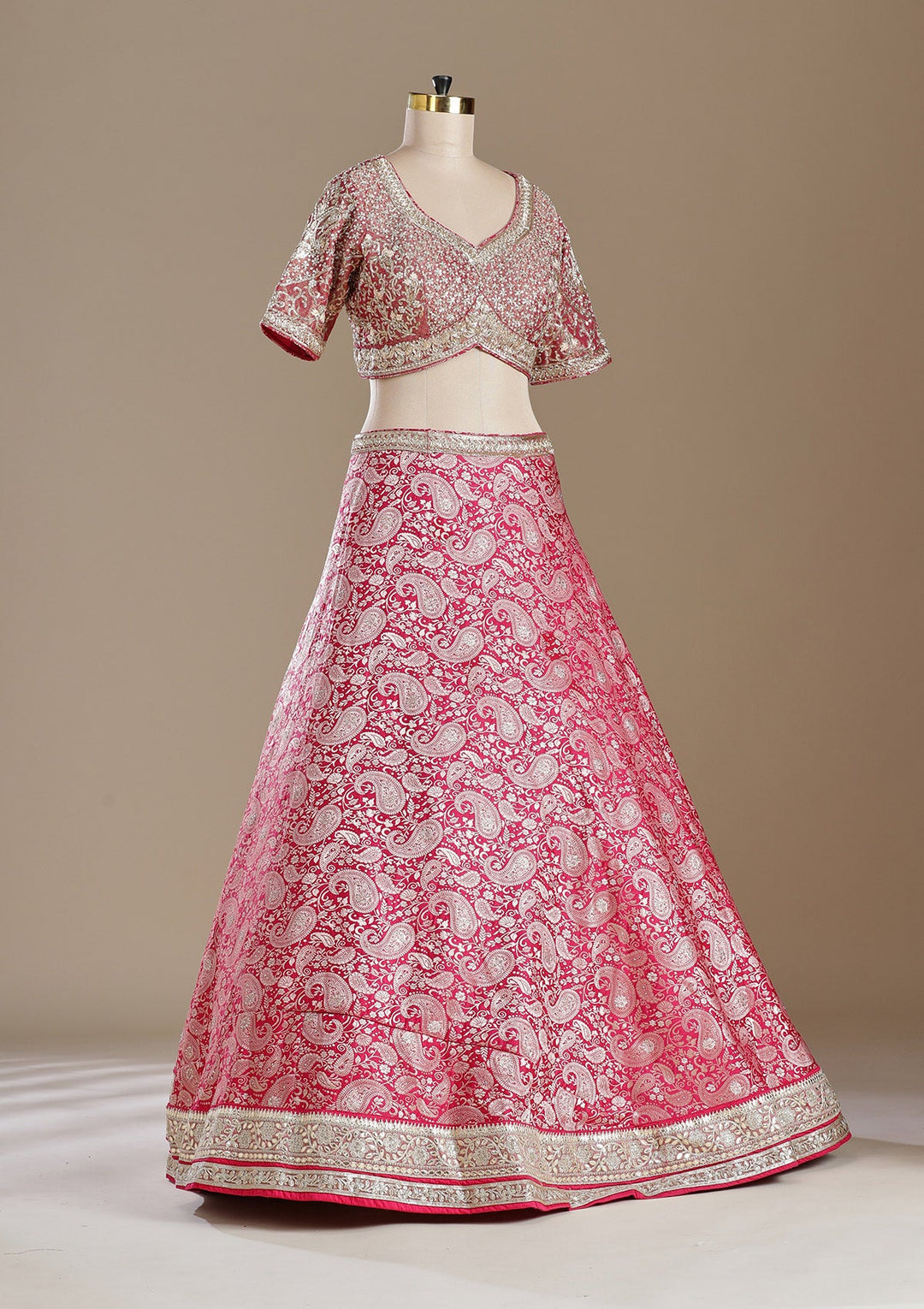 Rani Pink Zariwork (Gold) Banarasi Readymade Lehenga-koskii