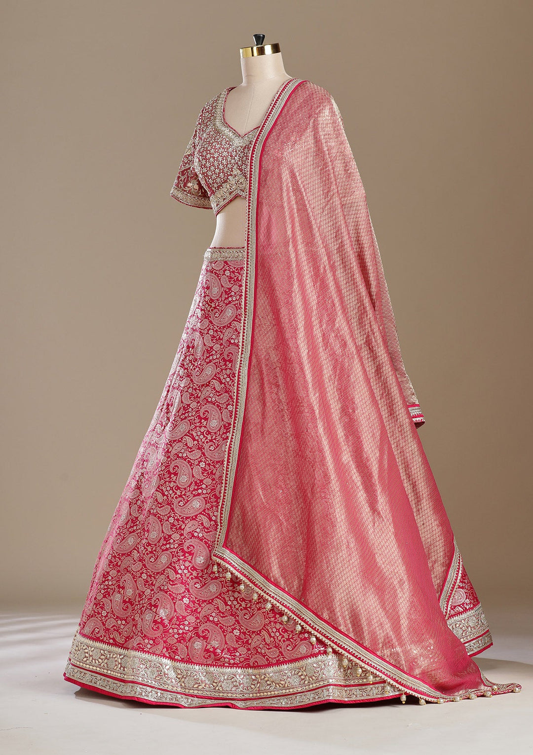 Rani Pink Zariwork (Gold) Banarasi Readymade Lehenga-koskii