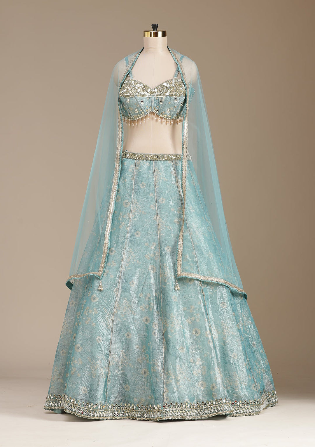 Sea Green Mirrorwork Organza Readymade Lehenga-koskii