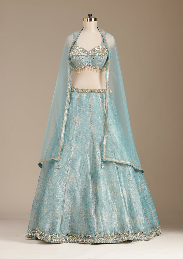 Sea Green Mirrorwork Organza Readymade Lehenga-koskii