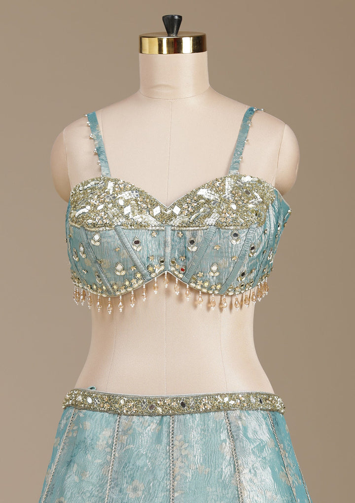 Sea Green Mirrorwork Organza Readymade Lehenga-koskii